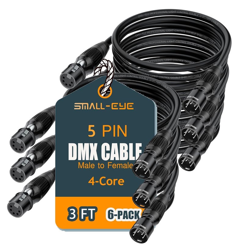 SMALL-EYE 5 Pin DMX Cable 3 ft 6 Pack – 4-Core Male to Female Stage Lighting DMX512 Cable (3') - Image 1